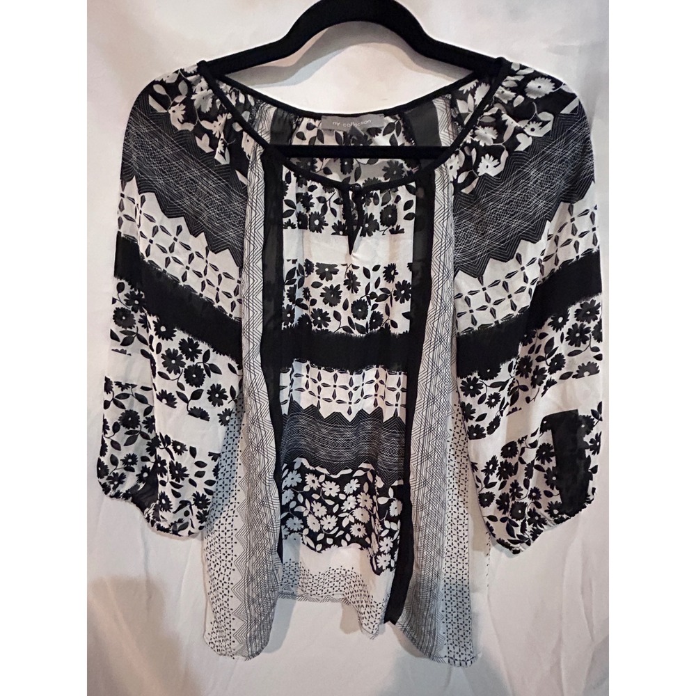My Collection Black White Floral Patchwork Boho Tunic Top Blouse Women's‎ Size S